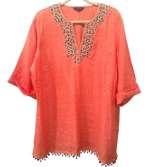 Land's End 100% Linen Coral Tunic Top Embellished Coastal Relaxed Resort Size 1X - Picture 1 of 10